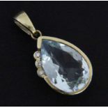 A PENDANT WITH AQUAMARINE 18 x 12 mm and 3 brilliant cut diamonds: 3 cm long, gross weight approx. 6