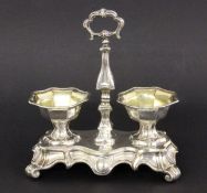 SALIERE France, 19th century silver. Baroque style with a central handle and 2octagonal spice b
