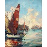 UNKNOWN ARTIST 20th century Boats In the Harbour of Venice. Oil on panel, indistinctly