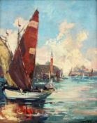 UNKNOWN ARTIST 20th century Boats In the Harbour of Venice. Oil on panel, indistinctly