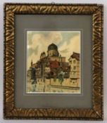 MONOGRAMMIST A.K. 20th century Riverside Houses and Abbey in the Background. Watercolour,