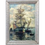 WINTER, W. 1940 Sailing Ship and Tugboat in the Harbour. Oil on canvas, signed and dated: