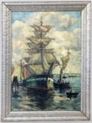 WINTER, W. 1940 Sailing Ship and Tugboat in the Harbour. Oil on canvas, signed and dated: