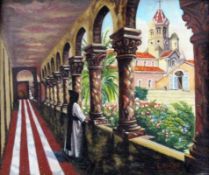 ROCHE, L. French painter, 20th century Cistercian Monk in the Cloister of a Monastery. Oil