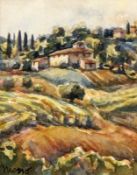 MANO Miniature painter, 20th century Provencal Landscape with Homestead. Watercolour,