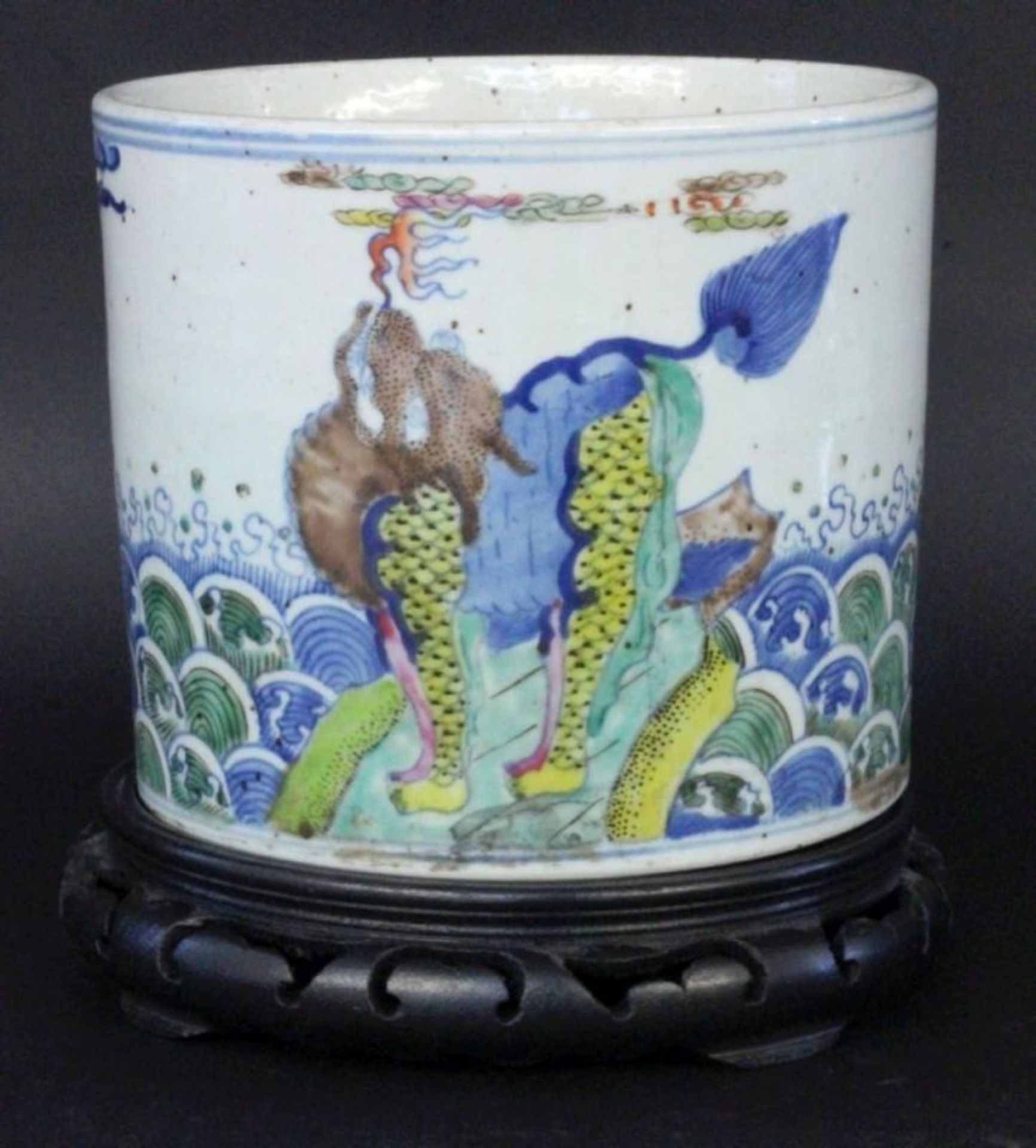 A CACHEPOT China, probably Qing dynasty Porcelain with polychrome painting, representationof the