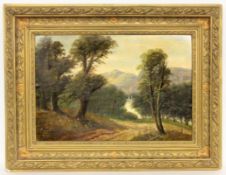 LANDSCAPE PAINTER 19th century Romantic River Landscape with Sailing Boats. Oil on canvas,