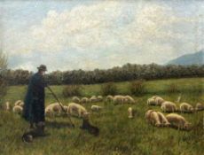 MOHL, FRIEDRICH 20th century Shepherd with Flock of Sheep in Landscape. Oil on cardboard,