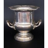 A CHAMPAGNE COOLER Silver-plated metal. Crater shape with ornamented handles. Marked: VINERS.