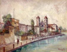 VEDUTA PAINTER 20th century Spanish City on the River. Oil on panel, indistinctly signed. 49 x 38.