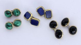 A LOT OF 3 PAIRS OF CUFFLINKS Silver, rolled gold. With malachite, onyx and lapis lazuli.