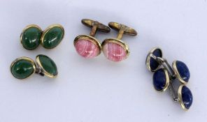 A LOT OF 3 PAIRS OF CUFFLINKS Silver, rolled gold. With jade, rhodochrosite and lapis