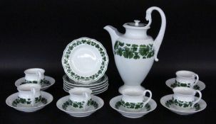 A COFFEE SERVICE Meissen circa 1900 Green vine leaves decoration, swan handles. 19 pieces,