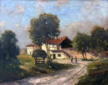 JUNEMANN, CARL PAUL 1891 - Zerbst - 1969 Farm with People. Oil on cardboard, signed and