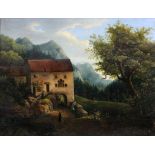 A BIEDERMEIER PAINTER circa 1832 Romantic Mountain Landscape With Old Mill and People. Oil