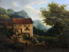 A BIEDERMEIER PAINTER circa 1832 Romantic Mountain Landscape With Old Mill and People. Oil