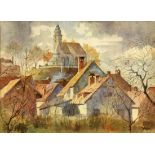 DRESSLER 20th century Bavarian Church Village. Watercolour, signed. 27 x 36 cm, framed.
