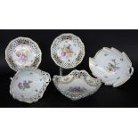 A LOT OF 5 PORCELAIN ITEMS with coloured flowers and songbird. 3 Dresden pieces, 2