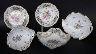 A LOT OF 5 PORCELAIN ITEMS with coloured flowers and songbird. 3 Dresden pieces, 2