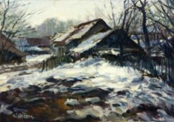 SKOREPA, JIRI Ceske Budejovice, Czech Republic 1954 Winter Landscape with Farm. Oil on