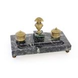 A PEN TRAY WITH INKWELL France circa 1900 Green spotted marble bowl with 2 small inkwells