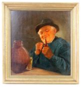 SCHNEIDER, MAX 20th century Farmer at the Table Lighting a Pipe. Oil on panel, signed. 60