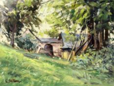 SKOREPA, JIRI Ceske Budejovice, Czech Republic 1954 Summer Landscape with Peasant Hut. Oil