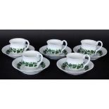 A SET OF 5 CUPS WITH SAUCERS Meissen circa 1900 Green vine leaves decoration, swan