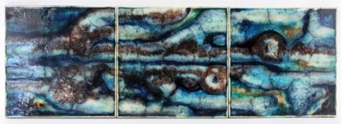 A TRIPTYCH Karlsruhe Maiolica circa 1970 Abstract landscape on 3 tiles. Coloured frit