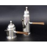 A HOT CHOCOLATE JUG AND MILK JUG Silver-plated metal with wooden handles. Inscribed: St.