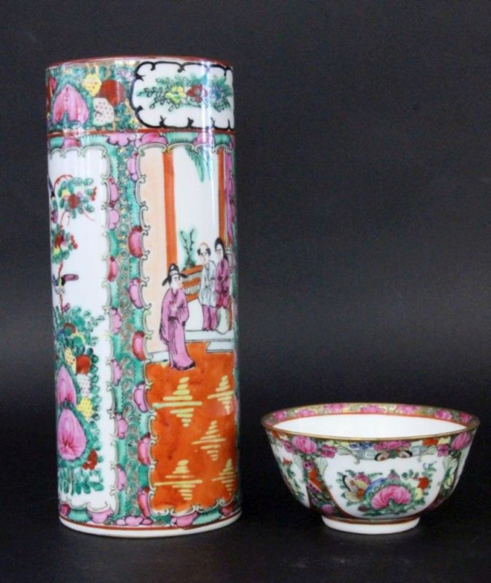 A STEM VASE AND A RICE BOWL China, 20th century Porcelain with coloured painting in Canton