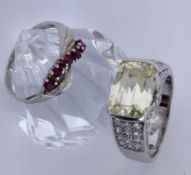 2 RINGS Silver with zirconia and large gemstone, ring size 62 and silver with 5 rubies, ring size