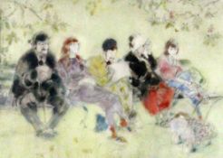 BUSSE, FRITZ Vienna 1903 - Starnberg People on a Bench. Ink drawing with watercolour,