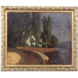 BUSSE-SCHEIFFELE, P. German painter circa 1900 House at the Lake. Oil on canvas, signed.