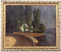 BUSSE-SCHEIFFELE, P. German painter circa 1900 House at the Lake. Oil on canvas, signed.