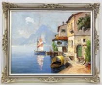 CALLICIO Italian painter, 20th century Houses by the Lakeside. Oil on panel, indistinctly