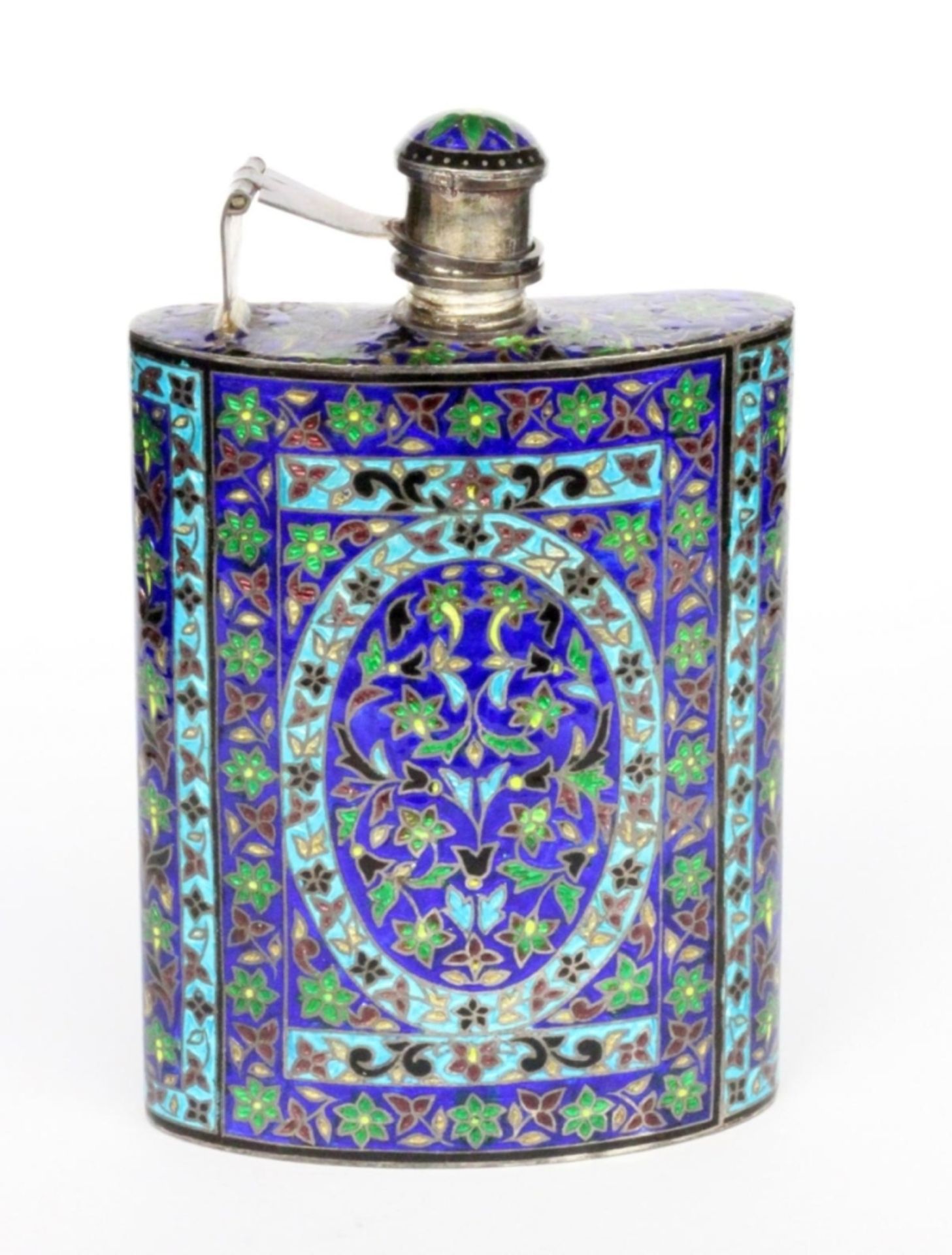 A HIP FLASK 20th century 925/000 sterling silver with colourful cloisonne enamel.