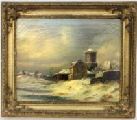 ROMANTIC PAINTER 19th century Snowy Landscape With Medieval Buildings and Persons. Oil on