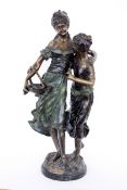 MOTHER AND DAUGHTER 20th/21st century Patinated bronze group on a round marble slab. 79 cm