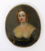 A MINIATURE probably France, 17th century Oval portrait of a Renaissance Lady. Oil on