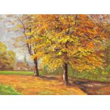 DEBUSMANN, C.E. 20th century Autumn Landscape. Oil on cardboard, indistinctly signed and