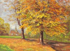 DEBUSMANN, C.E. 20th century Autumn Landscape. Oil on cardboard, indistinctly signed and