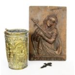 A LOT OF 3 DEVOTIONAL OBJECTS Apostle cup, brass (18.5 cm), orthodox bronze cross (9 cm)