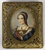 A MINIATURE 20th century Portrait of Anne Boleyn. Gouache on ivory. Signed. 5 x 3.5 cm,