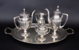 A CLASSICAL TEA AND COFFEE SERVICE Brass, silver-plated. 5 pieces, consisting of tea and coffee pot,
