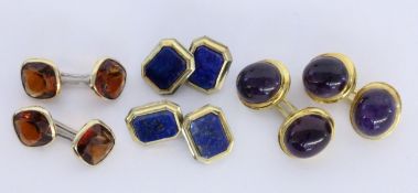 A LOT OF 3 PAIRS OF CUFFLINKS Silver, rolled gold. With amethyst, madeira citrine and