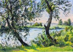 KROPP, MARTHA Aachen 1880 - 1968 Karlsruhe River Landscape. Oil on canvas, signed. 50 x 70