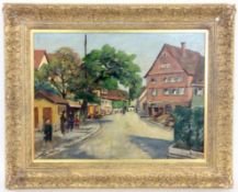 BÄUERLE, HERMANNStuttgart 1886 - 1972 Schwäbisches Dorf mit Personen. Öl/Holz, signiert und datiert: