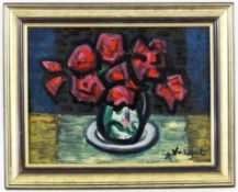 VASSOUT, RAYMONDFrankreich, 1. Hälfte 20.Jh. Rote Rosen in der Vase. Öl/Holz, signiert. 31x41cm,