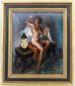 HINSBERGER, ALEXISCartagena 1907 - 1996 Weiblicher Akt vor einer Lampe. Öl/Lwd., signiert. Verso